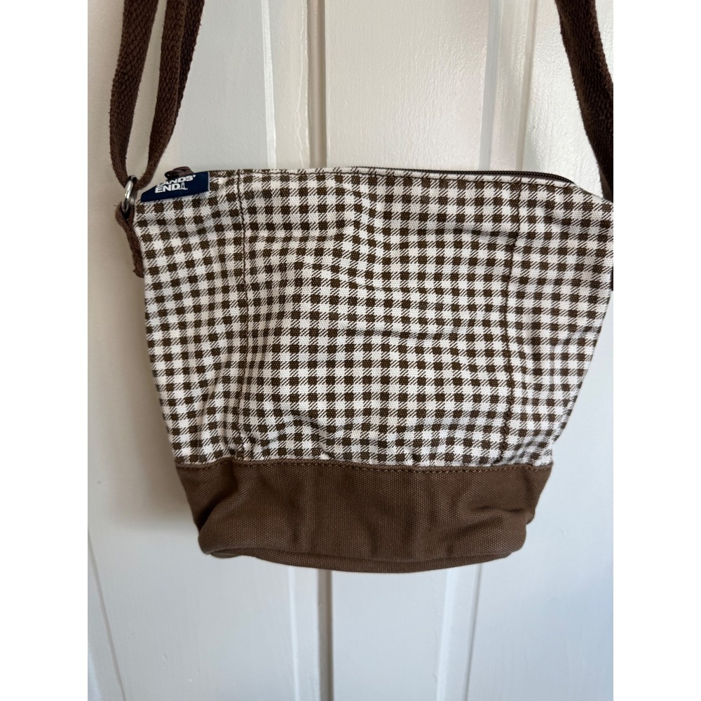 Lands End Brown Gingham Check Canvas Crossbody Bag - Picture 3 of 7